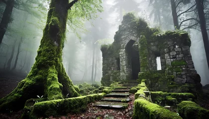 Poster Ancient ruin in dense misty forest, green moss. Dark tones. Foggy woods. © hardvicore