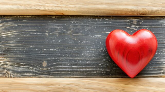 A vibrant red heart rests on a distressed wooden background, embodying warmth and love