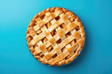 Fresh homemade apple pie on blue background. Top view.
