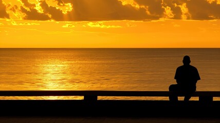 Lone figure sits looking out over a golden sea