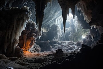 Stalactites and stalagmites in the cave. - obrazy, fototapety, plakaty