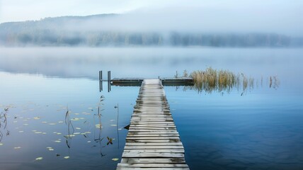 A serene misty lake with a wooden pier extending into calm waters