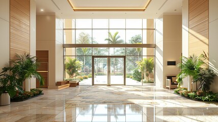 Open and inviting lobby with glass doors and a touch of greenery