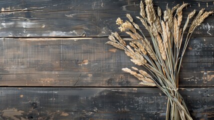 Rustic wheat sheaves on aged wooden background