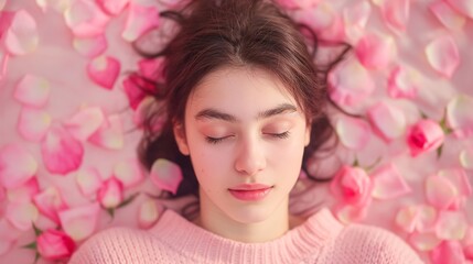 Obraz na płótnie Canvas Tranquil beauty as a young charming female student in a pink sweater peacefully contemplates amidst a sea of rose petals in a serene pink studio ambiance.