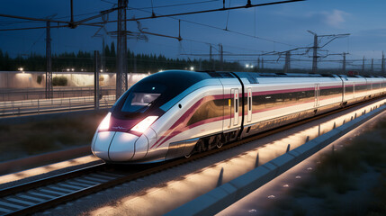 Fototapeta premium Bullet Train Going At High Speed At Night In motion Blur