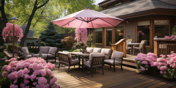 Deck Setup With Table Chairs and Pink Umbrella Generative AI