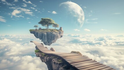 Floating island with a tree, against a surreal sky