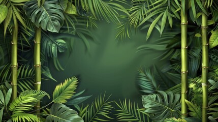 enchanting showcase for sustainable fashion items with an Exotic Bamboo center, Tropical Rainforest bordersâ€”an eco-friendly dream. - obrazy, fototapety, plakaty