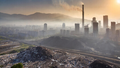 Apocalypse in the big city. Gray smog and mountains of garbage. Ecological catastrophe. - obrazy, fototapety, plakaty