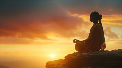 A serene figure meditating on a rocky outcrop against a dramatic sunrise sky