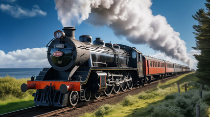 Fototapeta na wymiar An Old Steam Train Locomotive In Countryside