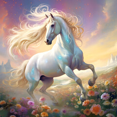 Obraz na płótnie Canvas Spellbinding Illustration of a Mystical Unicorn Galloping across Pastel-colored Meadow under a Vibrant Blue Sky