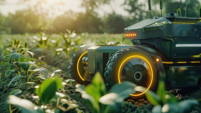 an Agricultural robot and autonomous car working on the farm, smart farming concept. Ai generated