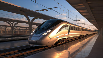 A Grey High Speed Train Arrives At The Railway Station On Time - obrazy, fototapety, plakaty