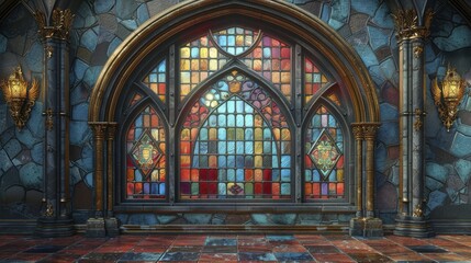 Obraz premium Illuminated Stained Glass middle space, border frame with Gothic Cathedral Windows theme, ideal for religious artifacts and inspirational decor product displays.