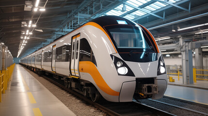 Fototapeta premium Modern Intercity Passenger Train During Repair Works In Train Depot 