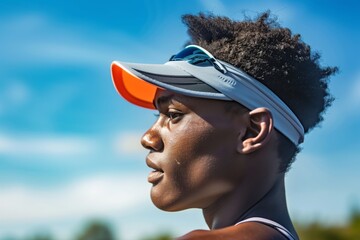 athlete wearing a visor and sweatresistant sunscreen - obrazy, fototapety, plakaty