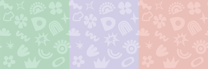 Set of abstract seamless vector pattern with geometric shapes, flower and other primitive elements for wrapping paper, flyer, poster, cover design, sticker and toys. Pastel color retro hippie design.