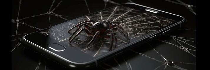 Spider on smartphone with cobweb background. Cyber 3d toxic insect with black body creates network to protect and hack system