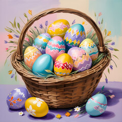 Illustration of easter basket filled with decorative eggs with pastel background.