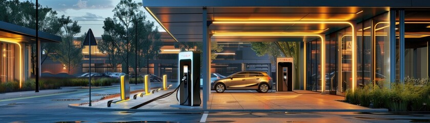 Twilight scene at a high-tech electric vehicle charging station. Clean energy and automotive innovation concept. 