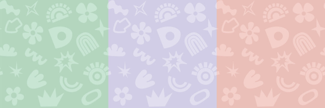 Naklejki Set of abstract seamless vector pattern with geometric shapes, flower and other primitive elements for wrapping paper, flyer, poster, cover design, sticker and toys. Pastel color retro hippie design.