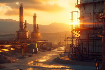 Industrial furnace cracked hydrocarbon in petrochemical business on sunset sky background. pipes, sun, mountains, dawn, oil production, gas production, - obrazy, fototapety, plakaty