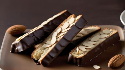 Almond colored biscotti dipped in dark brown chocolate, ideas for bakery and food related concepts....
