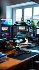 Advanced video editing suite with multiple screens in a creative office. Multimedia production concept. Design for film editing, post-production, and creative media workspace themes