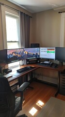 Home trading setup with panoramic window view and sunlight. Personal investment and home office concept. Design for remote work, stock trading, and financial planning themes