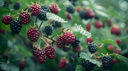 Lush blackberry brambles in various stages of ripeness - obrazy, fototapety, plakaty