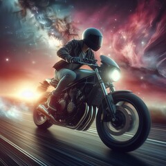 A biker against a nebula, racing at twilight