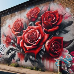 Bright graffiti of blooming red roses on a brick wall.