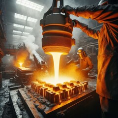 A fiery steel foundry in action, molten metal casting in an industrial setting