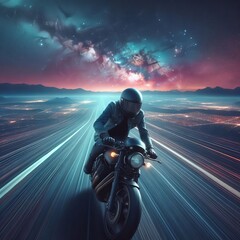 Motorcyclist surges forward under a starry sky.