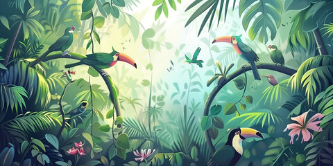 Fototapeta premium Tropical jungle background with toucans and flowers. Vector illustration.