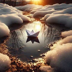 A paper boat gently floats amidst melting snow at sunset. Springtime