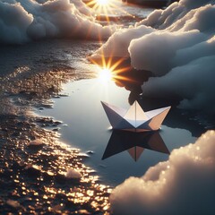 A paper boat gently floats amidst melting snow at sunset. springtime