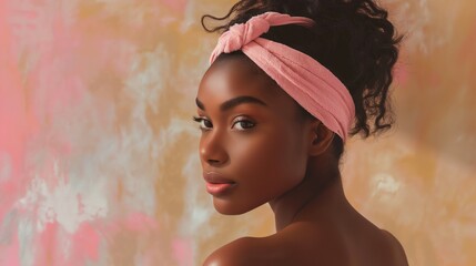 Serene portrayal of a fresh-faced afro-American woman in a spa-inspired setting, featuring a stylish pink headband against a harmonious beige and pink palette.