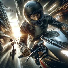 A motorcyclist rushing through the city