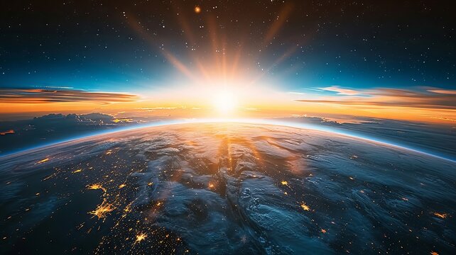 Vivid cosmic event horizon encircling a tranquil Earth scene