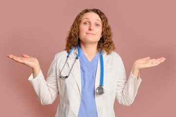 Woman doctor gesture I don't know, studio pink background. Nurse in uniform with stethoscope on red studio background