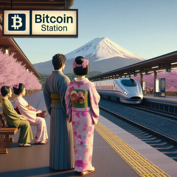 A Japanese couple wearing a traditional kimono stands at a Bitcoin station, a reminder of the importance of technology in everyday life. The atmosphere is filled with cherry blossoms in full bloom.
