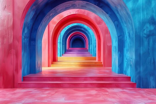 This image captures a 3D-rendered corridor with arched doorways in a gradient of vivid colors, leading to an inviting central perspective