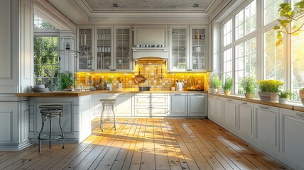Crisp architectural draft lines superimposed on homey kitchen - obrazy, fototapety, plakaty