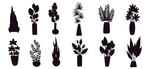 A set of silhouettes, stamps of various indoor plants, tropical leaves in flowerpots. Vectonic graphics.