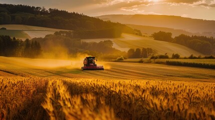 Fototapeta premium One of the Agricultural Machines working in the field, view from afar. Generative Ai