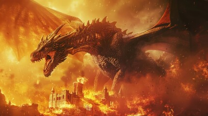 Angry dragon brutally causes chaos and destruction against the backdrop of fire.Ai generated - obrazy, fototapety, plakaty