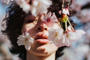 portrait of a person with a cherry blossom stuck to their cheek - obrazy, fototapety, plakaty
